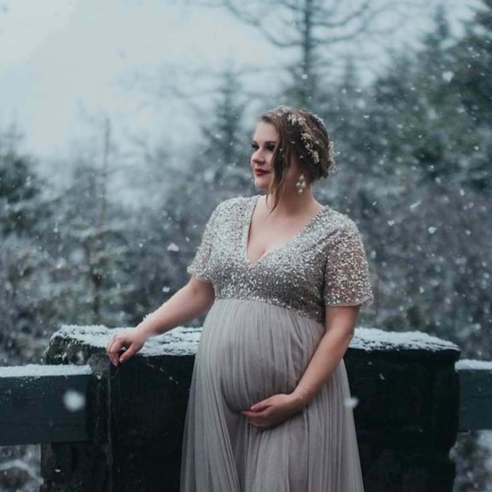 Silver sequin maternity dress